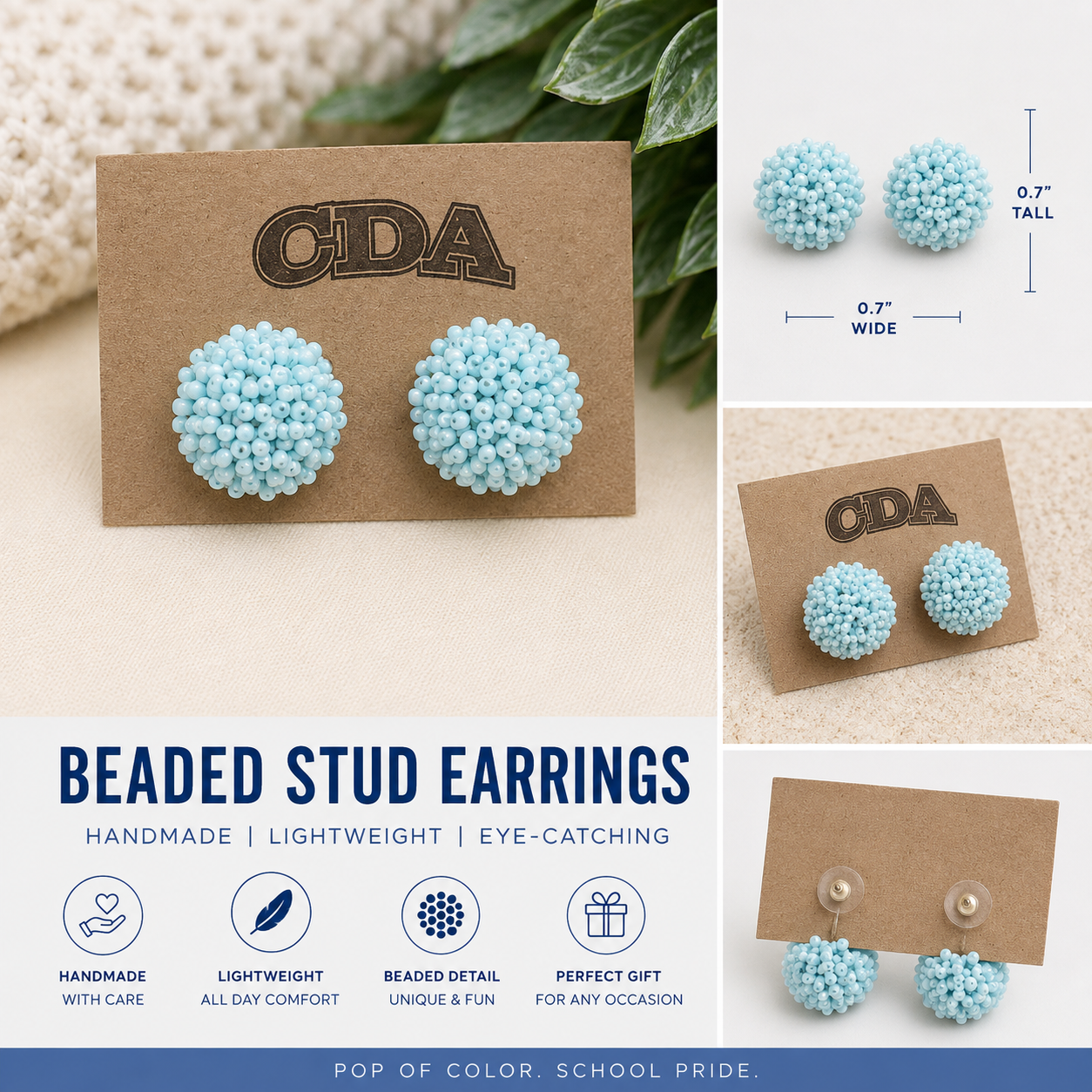 Collegiate Blue Beaded Pom Pom Earrings