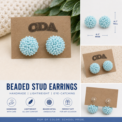 Collegiate Blue Beaded Pom Pom Earrings