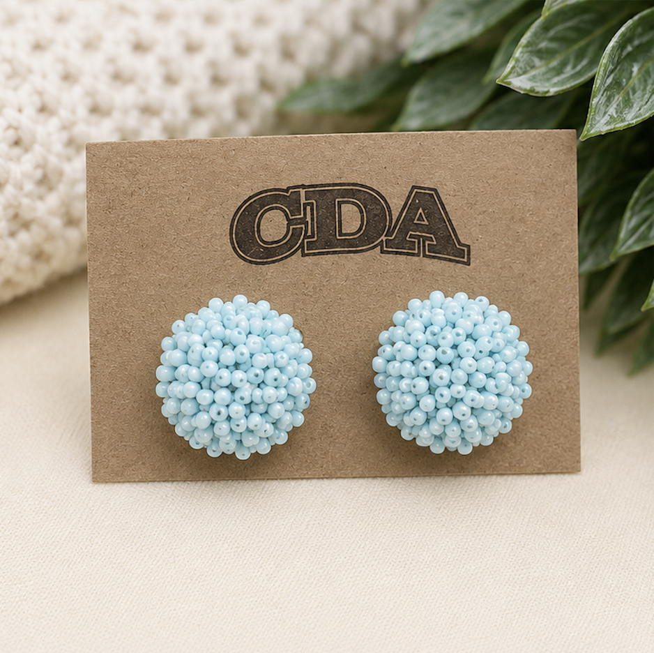 Collegiate Blue Beaded Pom Pom Earrings