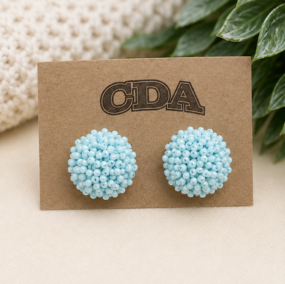 Collegiate Blue Beaded Pom Pom Earrings