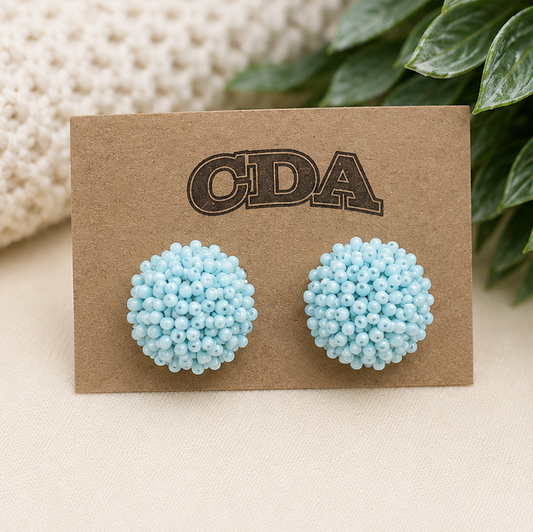Collegiate Blue Beaded Pom Pom Earrings